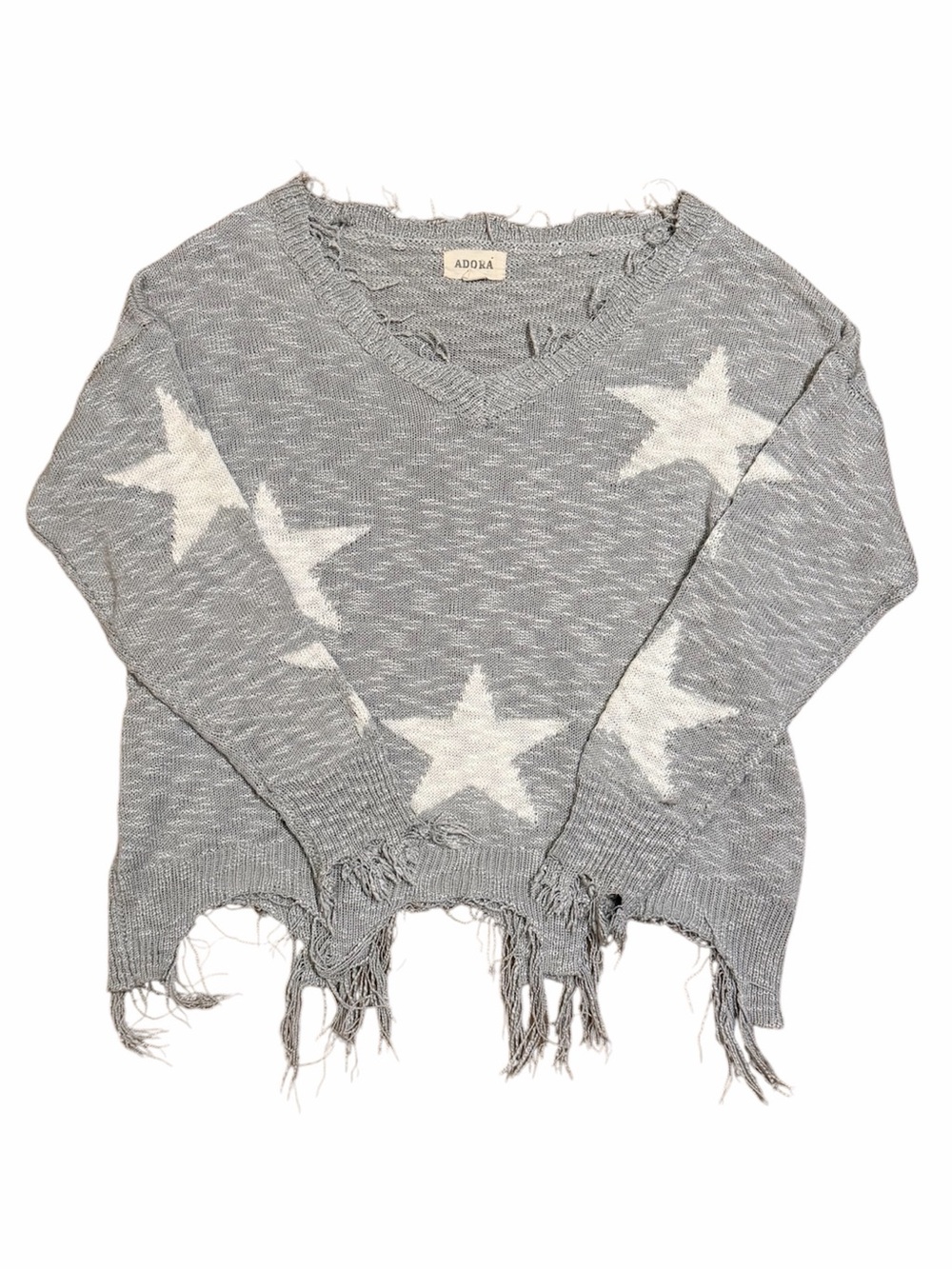 ADORA Distressed Gray Star Sweater with Fringe Detailing